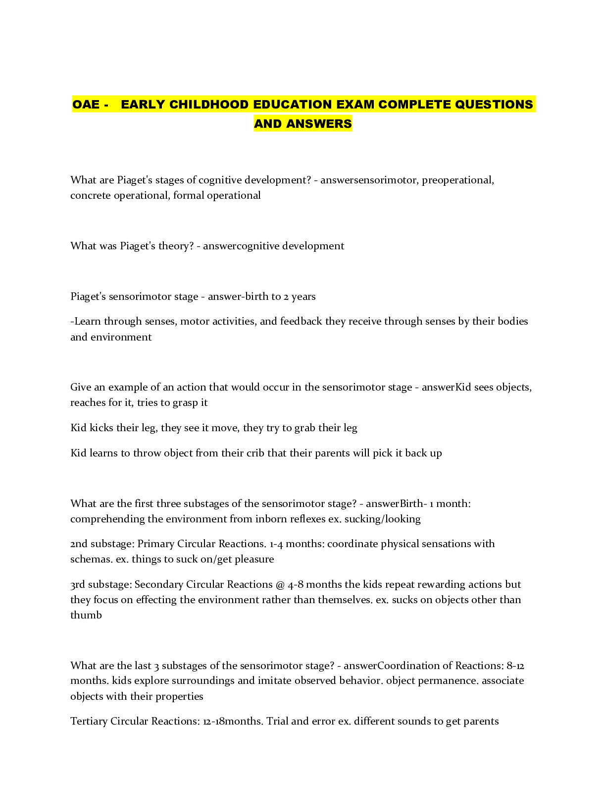 Preview of OAE - EARLY CHILDHOOD EDUCATION EXAM COMPLETE QUESTIONS AND ANSWERS